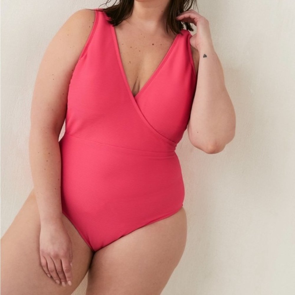 Penningtons Women Pink Ribbed Wrap Neckline One-Piece Swimsuit Plus Size 5X